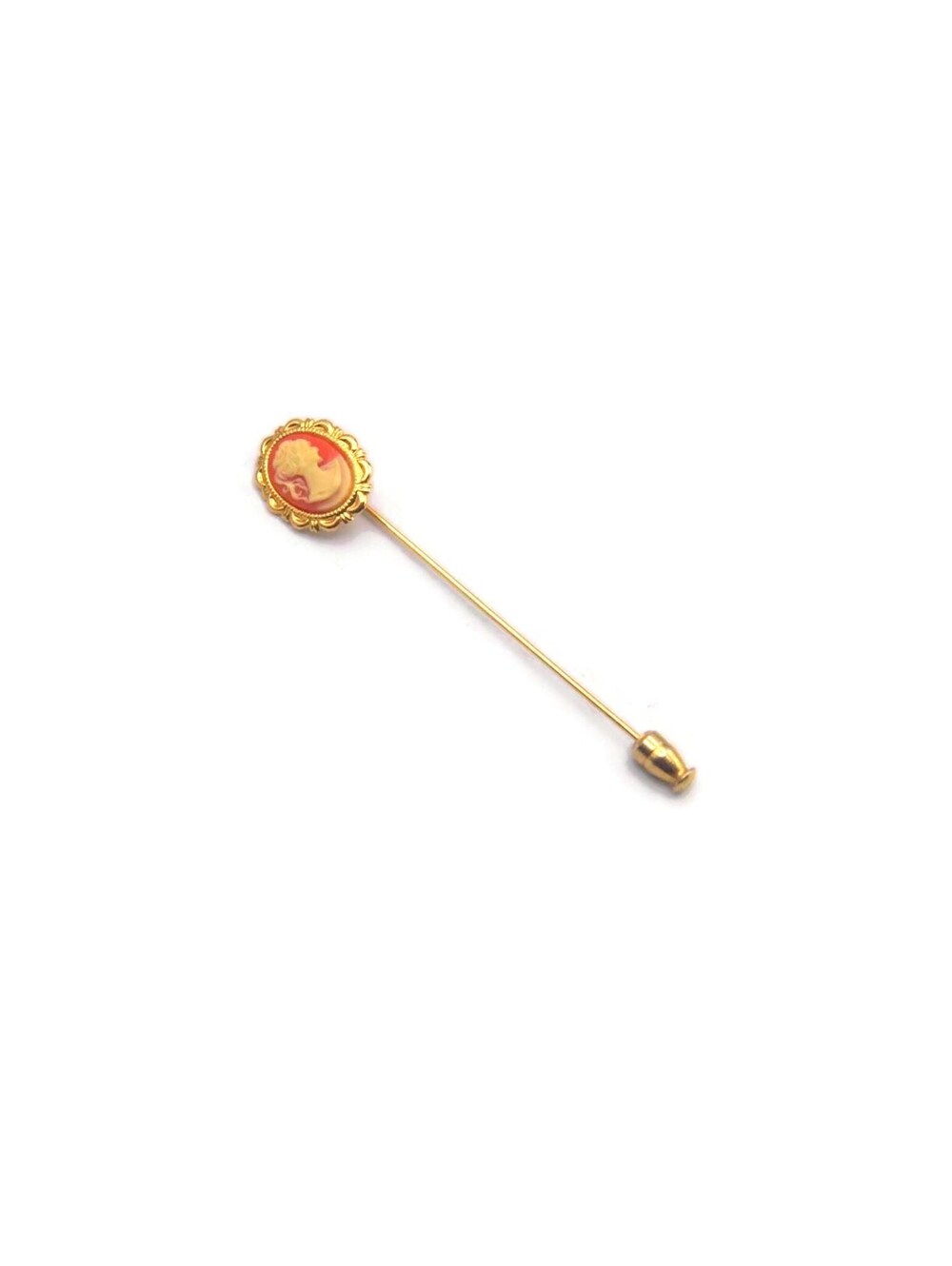Vintage Gold Tone and Oval Resin Cameo Stick Pin, Orange and White Cameo.